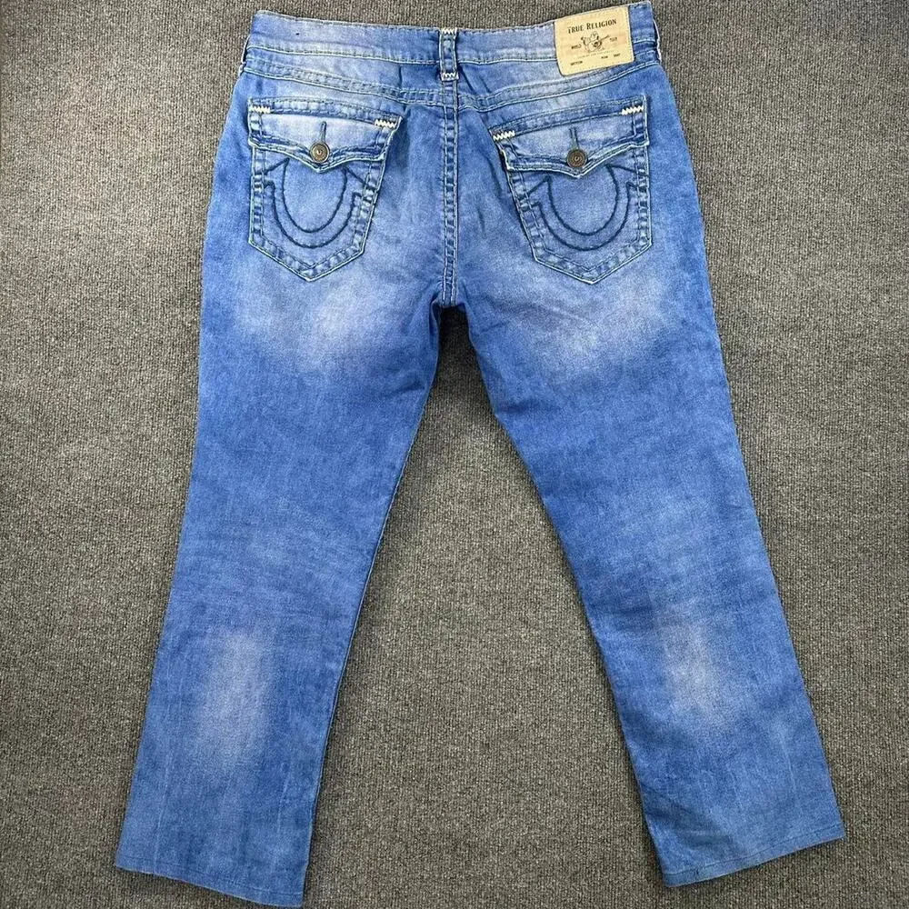 True Religion Men’s Geno Big T Flap Relaxed Slim Jeans Thick Stitch Y2K 38x30
